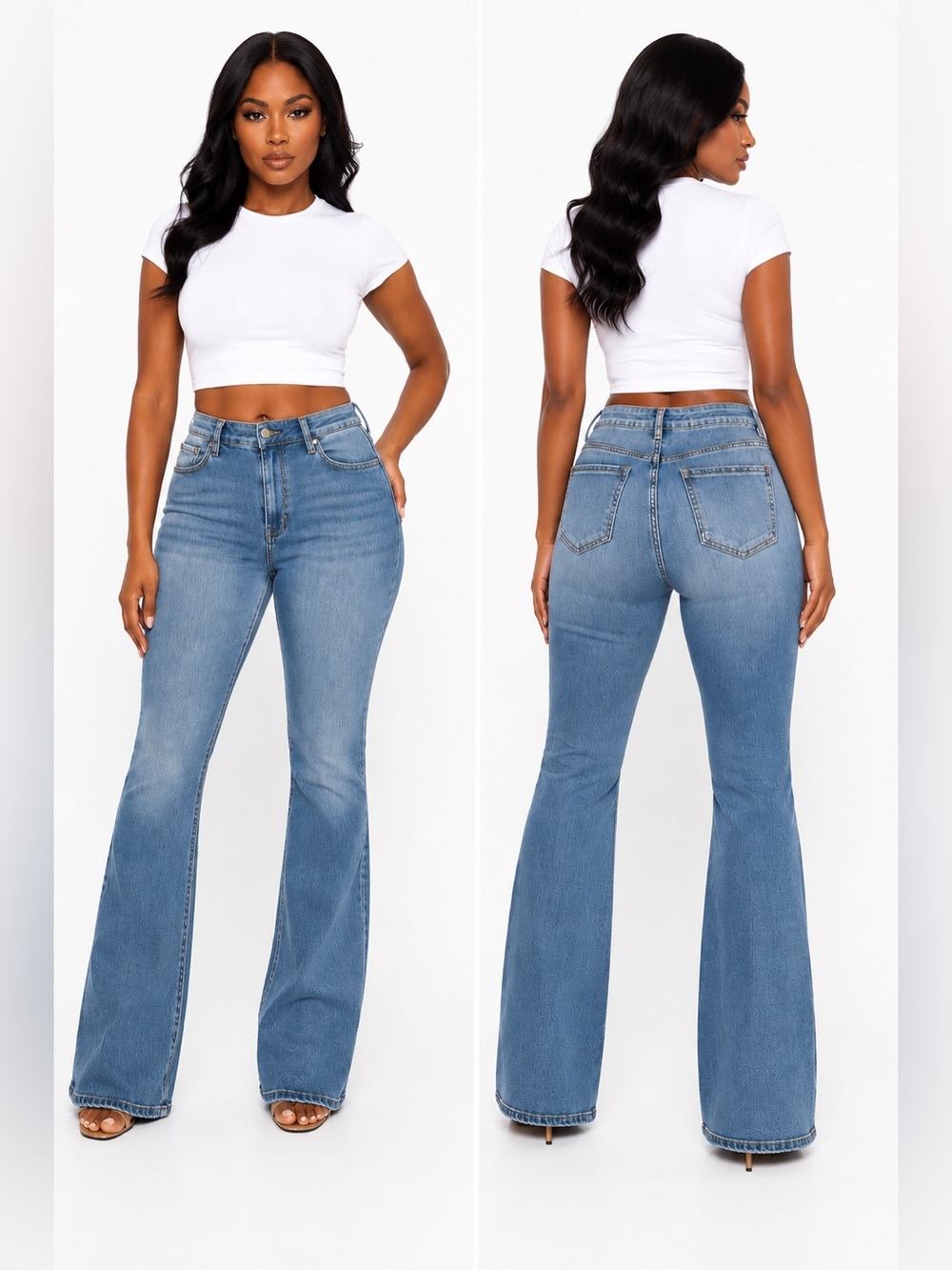Fashion Nova High Rise Flare Jeans Medium Wash Stretch Denim Size 15, EUC